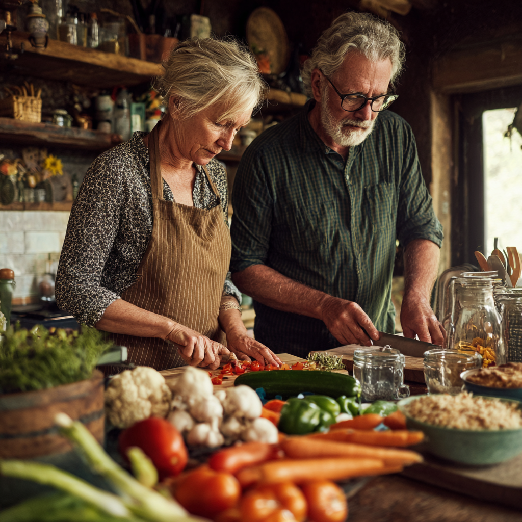 Middle-aged adults preparing balanced meal with fresh vegetables and whole grains in natural kitchen setting