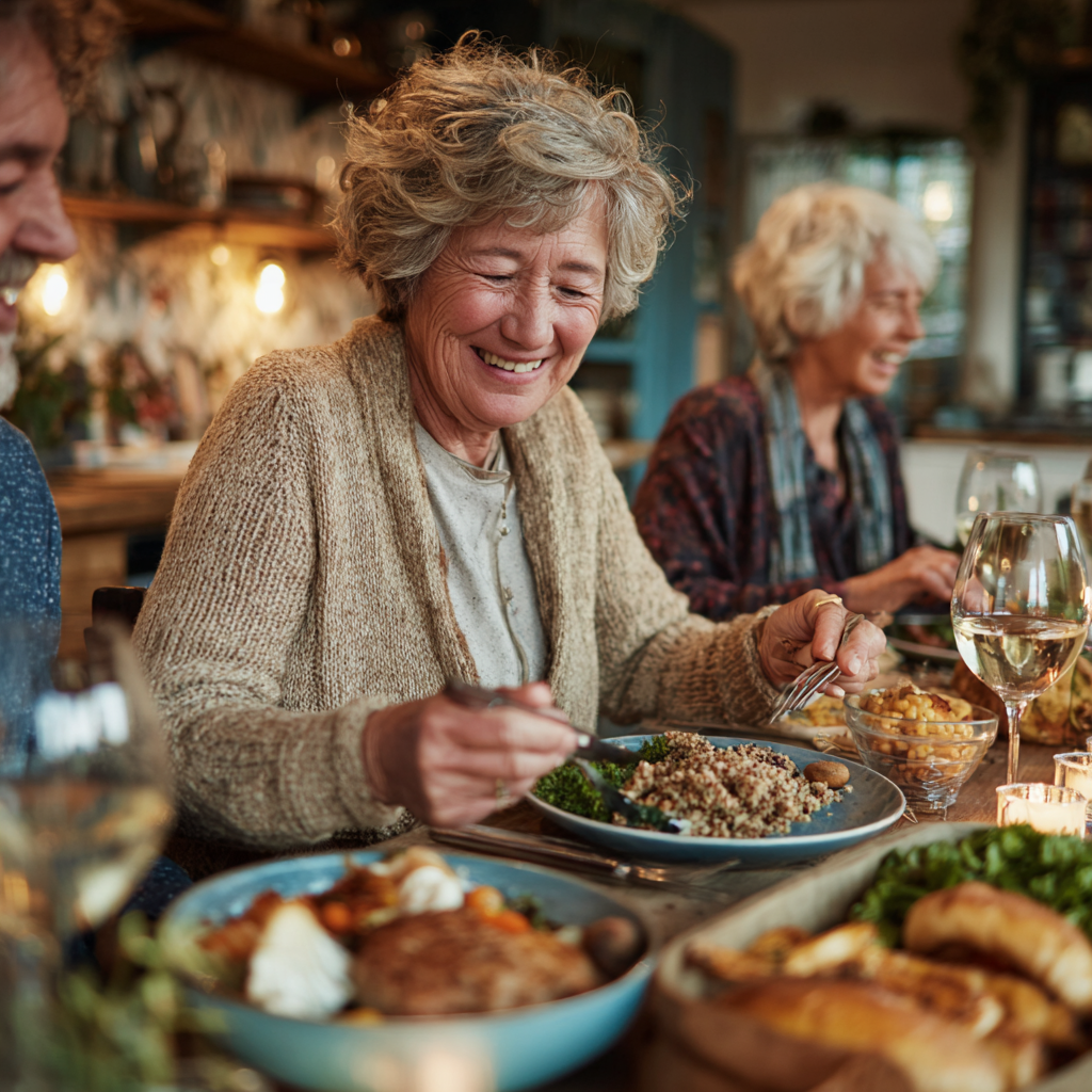 Older adults enjoying healthy balanced dinner with whole grains vegetables and lean protein in cozy home kitchen